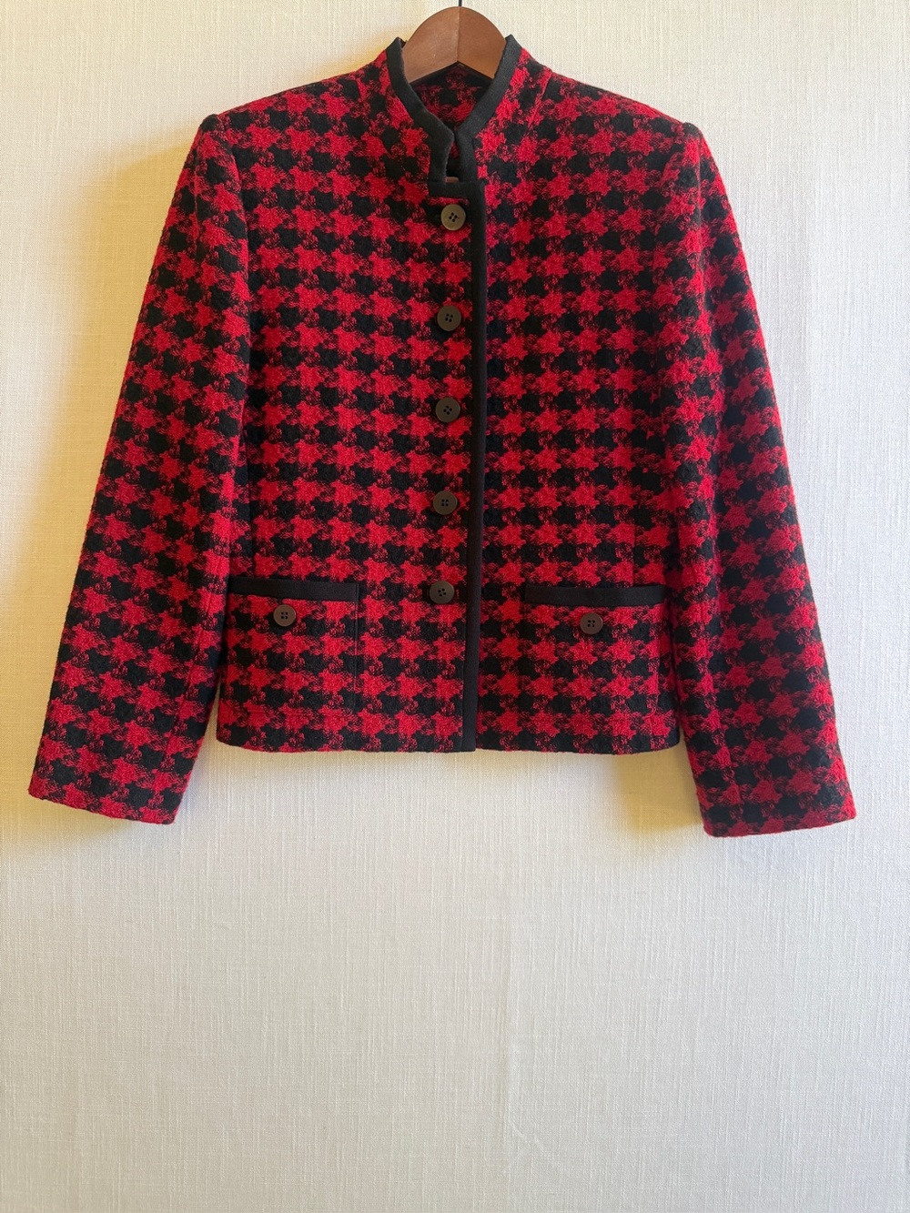 Vtg Kasper & Company ASL Red Black Houndstooth Wool Blazer 6P